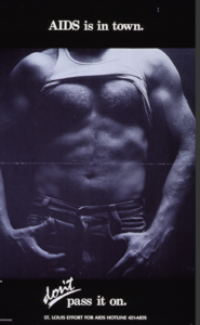 Moody public health campaign poster depicting shirtless man with the words "AIDS is in town" in place of his head.